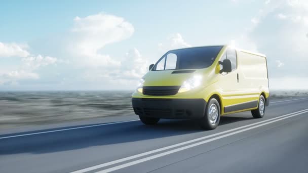 Uma carrinha amarela na auto-estrada. Uma condução muito rápida. Transporte e conceito logístico. Animação 4k realista . — Vídeo de Stock
