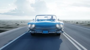 Mavi vintage, yolda, retro araba Otoban. Gün ışığı. Çok hızlı araba. Gerçekçi 4 k animasyon.