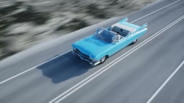 Mavi vintage, yolda, retro araba Otoban. Gün ışığı. Çok hızlı araba. Gerçekçi 4 k animasyon.