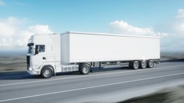 Beyaz kamyon konvoyu. yarı römork yolda, otoyol. Taşıma, lojistik kavramı. 4 k gerçekçi animasyon.
