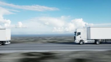 Beyaz kamyon konvoyu. yarı römork yolda, otoyol. Taşıma, lojistik kavramı. 4 k gerçekçi animasyon.