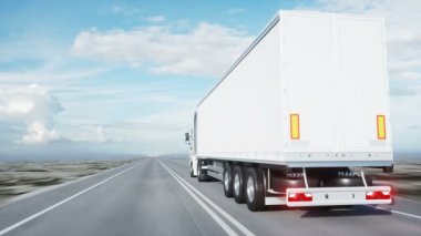 Beyaz kamyon. yarı römork yolda, otoyol. Taşıma, lojistik kavramı. 4 k gerçekçi loopable animasyon.