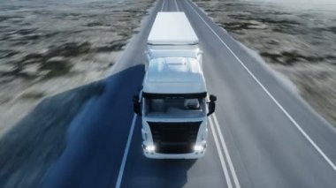 Beyaz kamyon. yarı römork yolda, otoyol. Taşıma, lojistik kavramı. 4 k gerçekçi loopable animasyon.