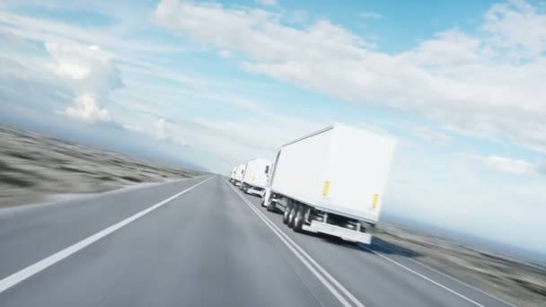 Convoi de camions blancs. semi-remorque sur la route, autoroute. Transports, concept logistique. Animation réaliste 4K . — Video