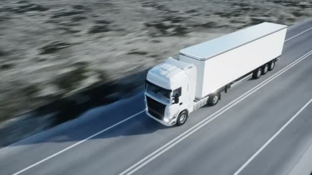 Beyaz kamyon. yarı römork yolda, otoyol. Taşıma, lojistik kavramı. 4 k gerçekçi loopable animasyon. — Stok video