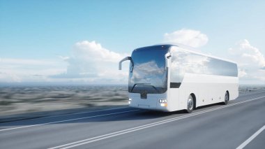 Beyaz Turist otobüsü yolda, otoyol. Çok hızlı araba. Turistik ve seyahat kavramı. 3D render.