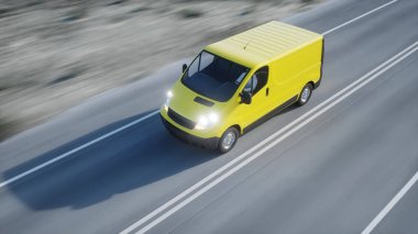 Sarı teslim van karayolu üzerinde. Çok hızlı araba. Taşıma ve lojistik kavramı. 3D render.
