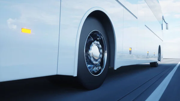 Turista autobús blanco en la carretera, carretera. Conduce muy rápido. Concepto turístico y de viaje. renderizado 3d . —  Fotos de Stock