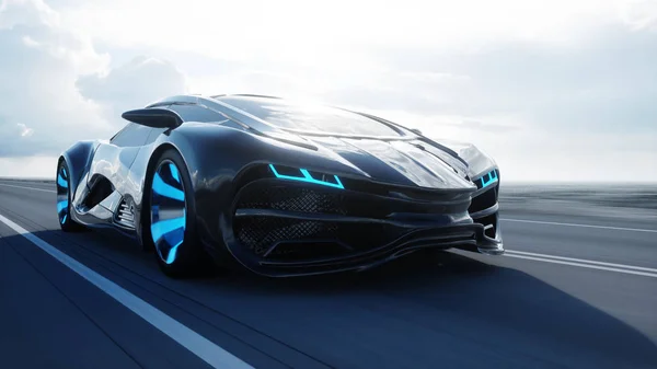 Black futuristic electric car on highway in desert. Very fast driving. Concept of future. 3d rendering. — Stock Photo, Image