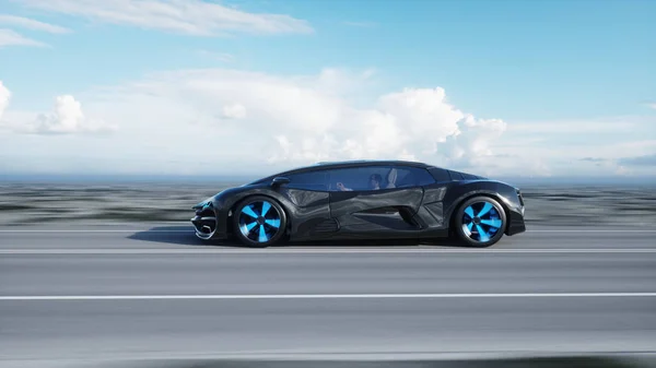 Μαύρο φουτουριστικό ηλεκτρικό αυτοκίνητο στην εθνική οδό στην έρημο. Πολύ γρήγορη οδήγηση. Έννοια του μέλλοντος. 3d απόδοση. — Φωτογραφία Αρχείου