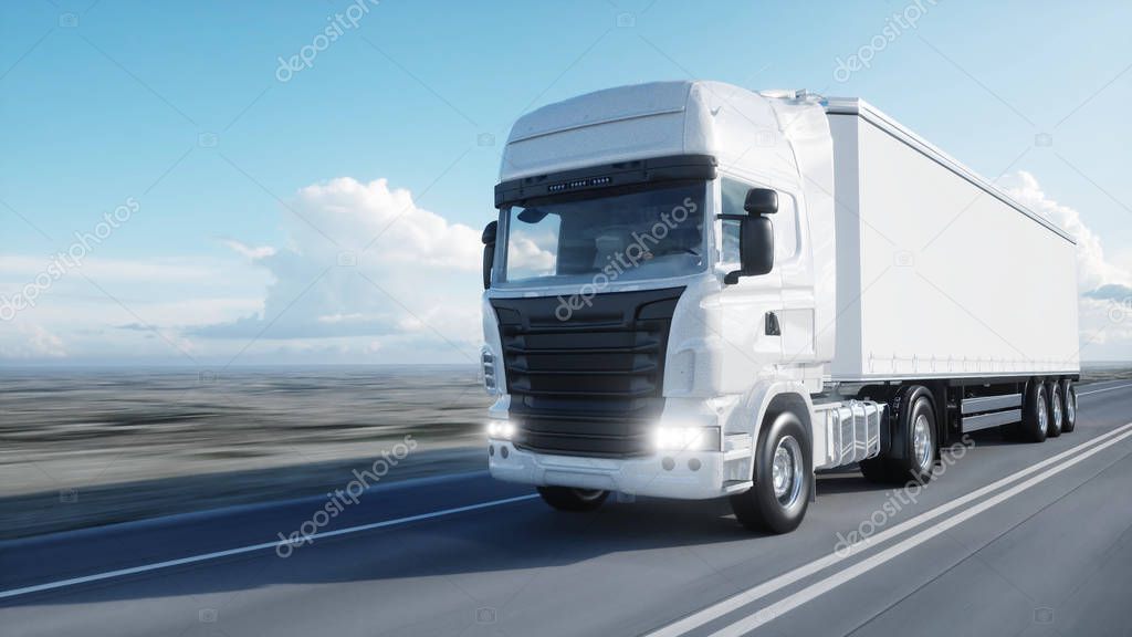 white truck. trailer on the road, highway. Transports, logistics concept. 3d rendering.