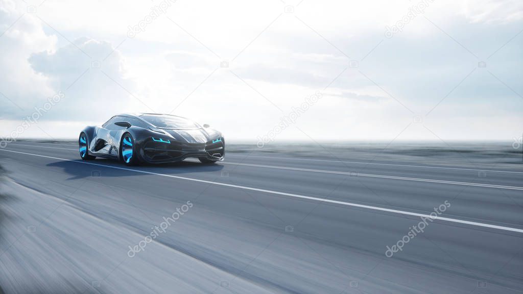 black futuristic electric car on highway in desert. Very fast driving. Concept of future. 3d rendering.