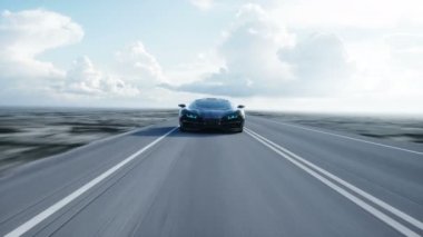Çölde karayolu üzerinde siyah fütüristik elektrikli araç. Çok hızlı araba. Gelecek kavramı. Gerçekçi 4 k animasyon.