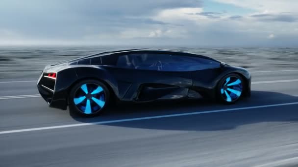 Nero futuristico auto elettrica in autostrada nel deserto. Guida molto veloce. Concetto di futuro. Animazione realistica 4k . — Video Stock