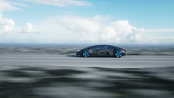 Coche eléctrico futurista negro en la carretera en el desierto. Conduce muy rápido. Concepto de futuro. Animación realista 4k . — Vídeo de stock