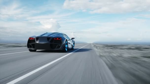 Svart futuristisk elektriska bil på motorvägen i öknen. Mycket snabb körning. Begreppet framtid. Realistisk 4 k animation. — Stockvideo