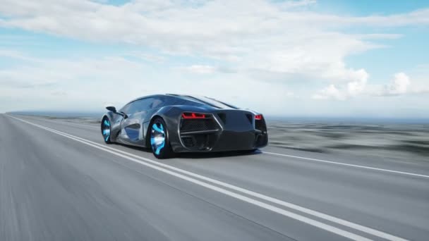 Schwarzes futuristisches Elektroauto auf der Autobahn in der Wüste. sehr schnelles Fahren. Zukunftskonzept. realistische 4k-Animation. — Stockvideo