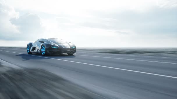 Mașină electrică futuristă neagră pe autostrada din deșert. Conducere foarte rapidă. Conceptul de viitor. Loopable. Imagini. Animație realistă 4k . — Videoclip de stoc