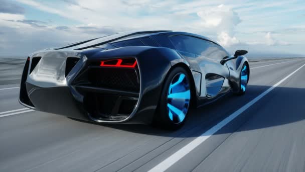 Black futuristic electric car on highway in desert. Very fast driving. Concept of future. Loopable. footage. Realistic 4k animation. — Stock Video
