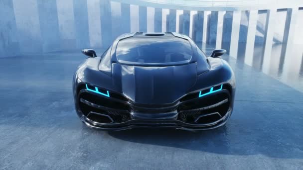 Coche eléctrico futurista negro en primera línea de mar. Niebla urbana. Concepto de futuro. Animación realista 4k . — Vídeo de stock