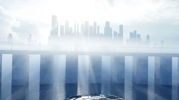海滨的黑色未来电动车。城市雾。未来的概念。逼真的4k 动画. — 图库视频影像