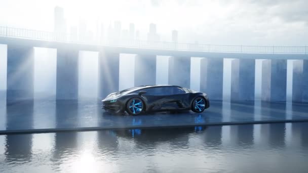 海滨的黑色未来电动车。城市雾。未来的概念。逼真的4k 动画. — 图库视频影像