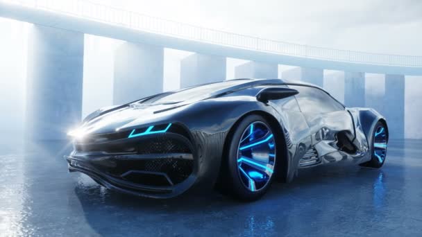 Black futuristic electric car on seafront. Urban fog. Concept of future. Realistic 4k animation. — Stock Video