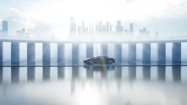 Zwarte futuristische elektrische auto op de kust. Stedelijke mist. Concept van de toekomst. Realistische 4 k-animatie. — Stockvideo