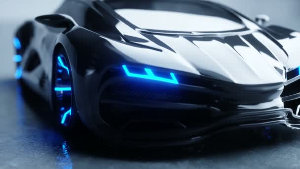 Black futuristic electric car with blue light. Concept of future. Realistic 4k animation. — Stock Video