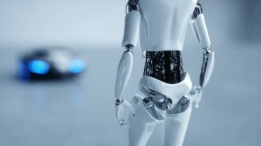 Fütüristik insansı kadın robot araba için walkihg olduğunu. Gerçekçi hareket ve yansımaları. Gelecek kavramı. 4 k görüntüleri.