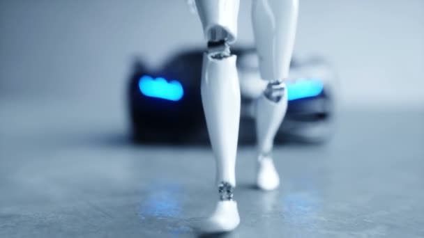 Futuristinen naisrobotti kävelee autolle. Realistinen liike ja heijastukset. Tulevaisuuden käsite. 4K kuvamateriaali . — kuvapankkivideo