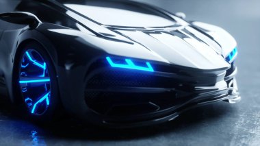 Mavi ışıklı siyah fütüristik elektrikli araba. Gelecek kavramı. 3d oluşturma.