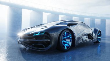 Siyah fütüristik elektrikli araba. Şehir sisi. Gelecek kavramı. 3d oluşturma.
