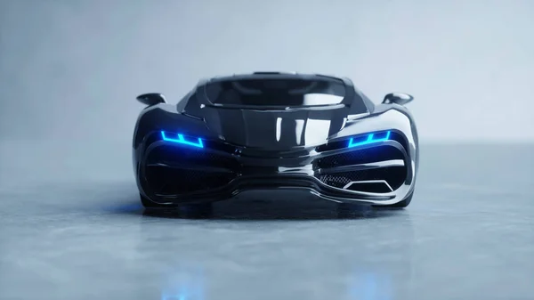 Black futuristic electric car with blue light. Concept of future. 3d rendering. — Stock Photo, Image