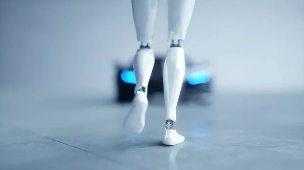 Futuristic humanoid female robot is walkihg to car. Concept of future. 3d rendering.