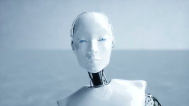 Fütüristik insansı kadın robot boştadır. Gelecek kavramı. Gerçekçi 4 k animasyon.