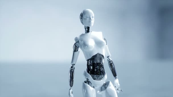 Robot féminin humanoïde futuriste est inactif. Concept d'avenir. Animation 4K réaliste . — Video