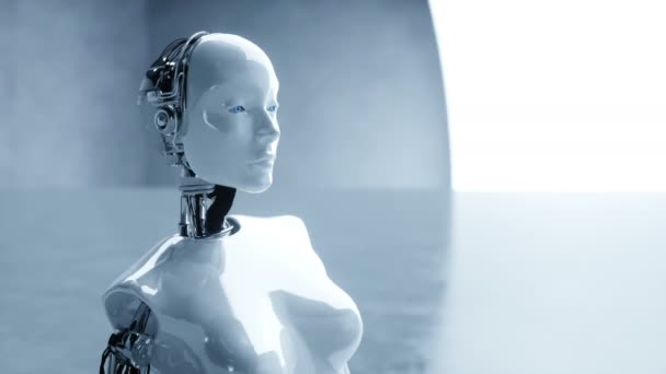 Il robot umanoide femminile futuristico è inattivo. Concetto di futuro. Animazione 4K realistica . — Video Stock