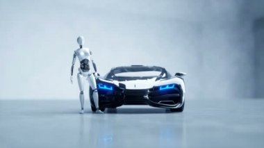 Fütüristik insansı kadın robot ve sci fi araba. Gerçekçi hareket ve yansımaları. Gelecek kavramı. 4 k görüntüleri.