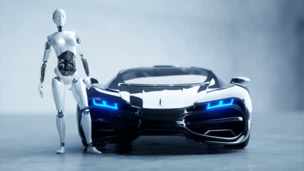 Robot femenino humanoide futurista y coche de ciencia ficción. Movimiento realista y reflexiones. Concepto de futuro. Imágenes 4K . — Vídeo de stock