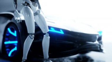 Fütüristik insansı kadın robot ve sci fi araba. Gerçekçi hareket ve yansımaları. Gelecek kavramı. 4 k görüntüleri.