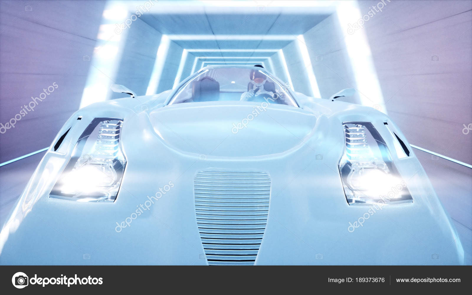 Futuristic flying car with woman fast driving in sci fi