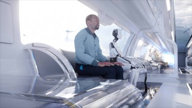 İnsanlar ve robotlar. Fütüristik tek raylı taşıma. Gelecek kavramı. Gerçekçi 4 k animasyon.