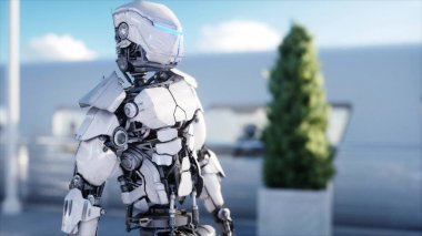 İnsanlar ve robotlar. Sci fi istasyonu. Fütüristik tek raylı taşıma. Gelecek kavramı. 3D render.