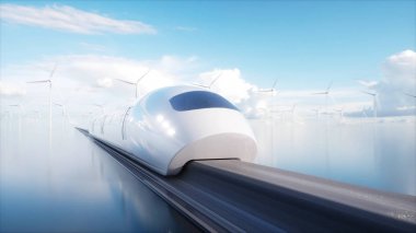 mutlu fütüristik Monoray tren. Sci fi istasyonu. Gelecek kavramı. İnsanlar ve robotlar. Su ve Rüzgar enerji. 3D render.