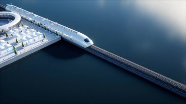 mutlu fütüristik Monoray tren. Sci fi istasyonu. Gelecek kavramı. İnsanlar ve robotlar. Su ve Rüzgar enerji. 3D render.