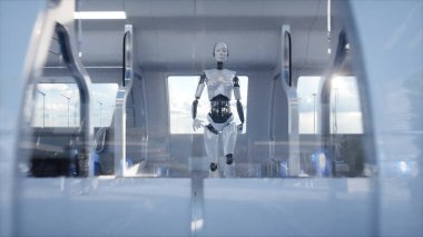 Kadın robot yürüme. Sci fi istasyonu. Fütüristik tek raylı taşıma. Gelecek kavramı. İnsanlar ve robotlar. 3D render.