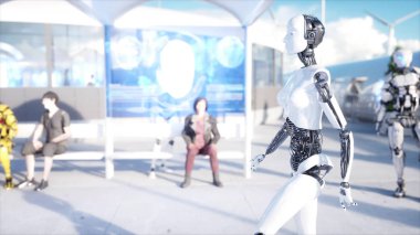 Kadın robot yürüme. Sci fi istasyonu. Fütüristik tek raylı taşıma. Gelecek kavramı. İnsanlar ve robotlar. 3D render.