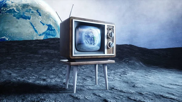 月亮上的老式木制老式电视。地球背景。空间概念。广播.3d 渲染. — 图库照片