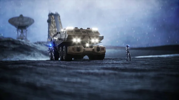Katonai autó a Hold a robotok. Hold kolónia. Föld backround. 3D-leképezés. — Stock Fotó